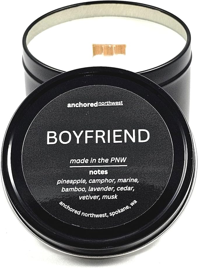 Anchored Northwest - Boyfriend Travel Tin Candle, 6oz Black Metal Tin, American Cedar Wood Wick, Hand Poured, Essential Oil Blend 100% Soy Wax, 35+ Hour Burn
