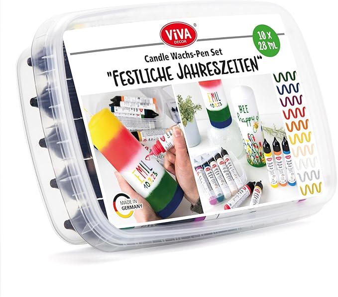 Candle Wax Pen Set - Festive Seasons - 10 Colors 0.95 fl. oz Each in Storage Box | DIY Candle Decorating Kit | Wax Pens for Baptism & Holiday Candles | Candle Paint Pens | Gift & Craft Set