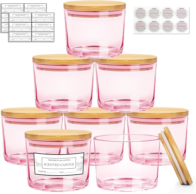 CONNOO 8 Pack 12 OZ Pink Glass Wide Mouth Candle Jars for Making Candles with Airtight Bamboo Lids Nice Sticky Warning Labels for Candle Making Empty Container Bulk - Dishwasher Safe