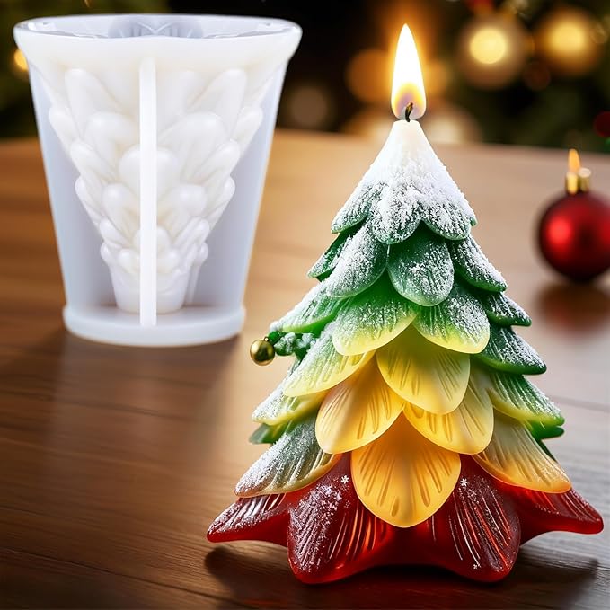 3D Christmas Tree Silicone Candle Soap Epoxy Resin Wax Mold Silicone Shapes Christmas Trees Mold for Candle Resin Soap Craft Cake Chocolate Making Kit Christmas Gift (Leaf Christmas Tree)
