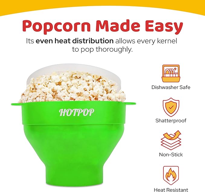 The Original Hotpop Microwave Popcorn Popper, Silicone Popcorn Maker, Collapsible Bowl BPA-Free and Dishwasher Safe- 20 Colors Available (Green)