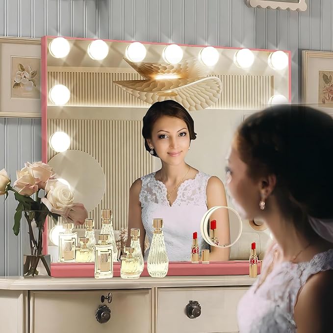 Ratsamee Pink Hollywood Vanity Mirror with Lights, 15 Dimmable Bulbs, 3 Color Lights,Make Up Lighted Mirror, Aluminum Metal Frame, USB Charging Port（23" x 18"）