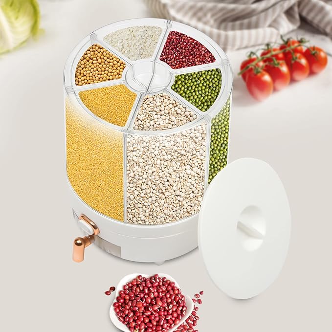 14.33lbs Grain Storage Container Dispenser - 6 Grid 360 Rotating Dry Grain and Cereal Dispenser with Lid for Store Rice, Beans