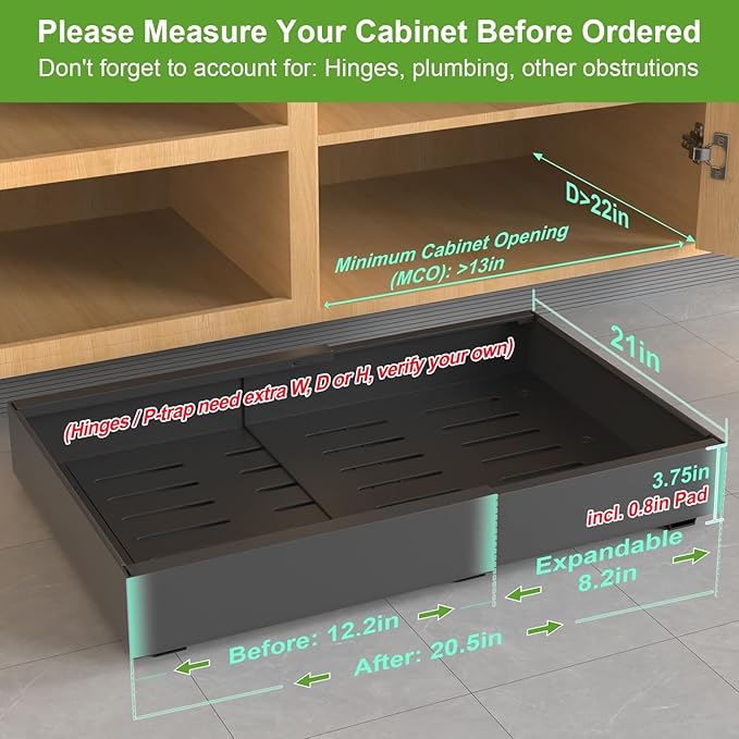 ANTOWIN 2-Pack Expandable Pull Out Cabinet Organizer 21"Deep(12.2"-20.5"W), 3 Full Extension Glides Slide Out Drawers, Roll Out Shelves Adhesive Raising Pad,Compatible Framed Cabinets,90lb Cap,Black