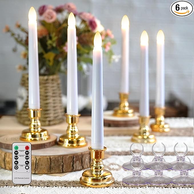 FPOO 6PCS Christmas Window Candles with Timer, Led Flickering Flameless Candles with Remote, Battery Operated Taper Candles Provide Realistic Warm Lights for Home Party Holiday