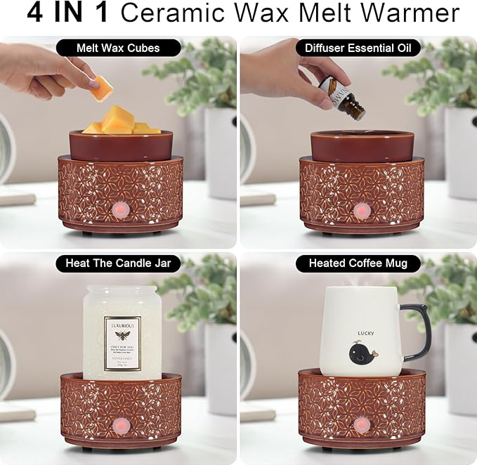 nawaza Ceramic Wax Melt Warmer, 4-in-1 Electric Fragrance Candle Wax Melter and Wax Cubes for Home Office Bedroom Aromatherapy Essential Oil Burner as Birthday Gifts for Women Mom Girl(Dark Brown)