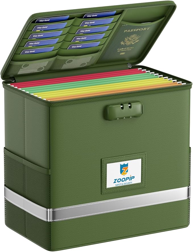 Fireproof File Box with Lock, Document Box Storage Organizer, Suitable for Hanging File Folders in Letter Size, Collapsible File Box, Reflective Strip for Fast Find (12.2"*6"*10.2, Green)
