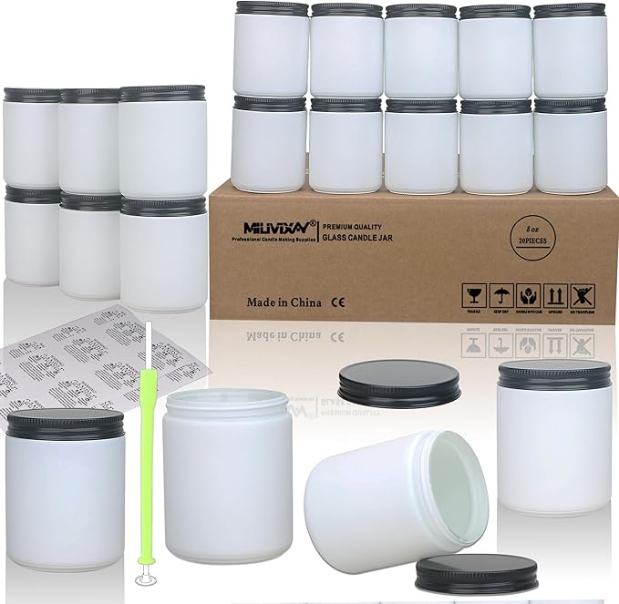 MILIVIXAY 20 Pack 8 OZ Thick Glass Frosted White Candle Jars with All Black Metal Lids-Bulk Empty Candle Jars for Making Candles-Canning Jar for Spice, Liquid, Sample- Dishwasher Safe.