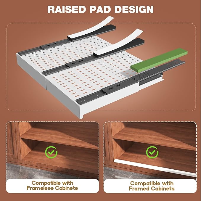 2 Pack Pull Out Cabinet Organizer Expandable Width(15"-25") and Depth(17"-24"),Slide Out Drawers With Raising Pad for Framed Cabinets,No Drill Roll Out Shelves for kitchen,Bathroom,White