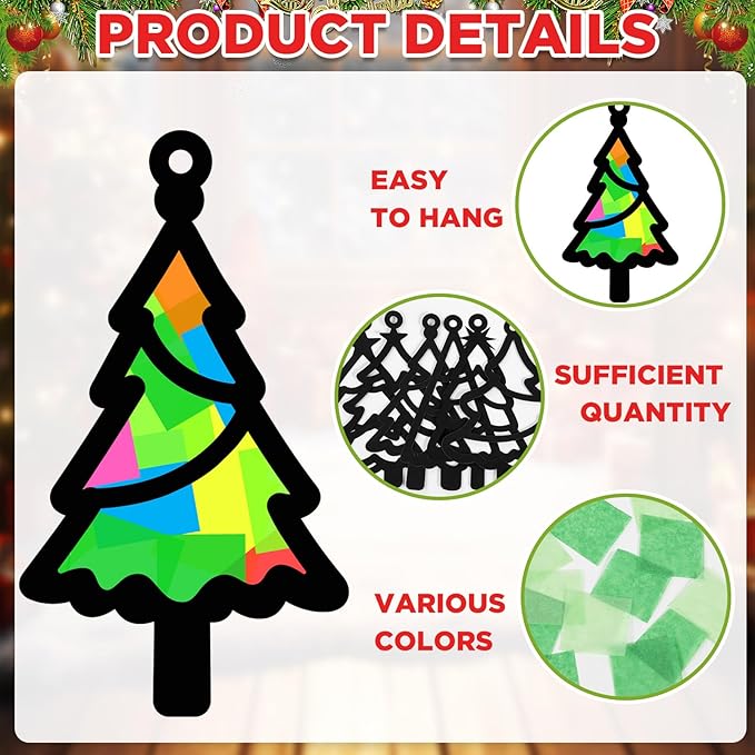 Qyeahkj 36 Set Christmas Tree Suncatchers Crafts for Kids DIY Xmas Tree Window Tissue Paper Craft Kit Hanging Decor for Christmas Winter Home Activity Art Project Birthday Party Favor Gift
