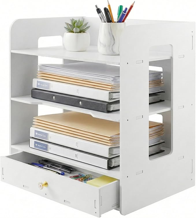 Desk Organizer, 3-Tier File Organizer for Desk with Drawer, Letter Tray Paper, Desktop Document Sorter for Letter, File Folder Holder for Office, Home or School- White MLT002W3