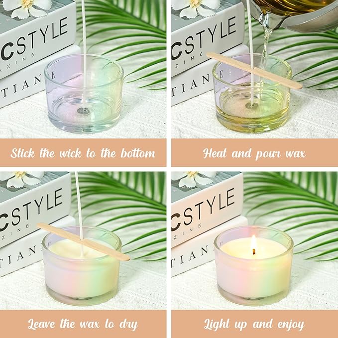 SUPMIND 4oz Iridescent Candle Jars 15 Pack, Small Wide Mouth Glass Empty Candle Jars with Bamboo Lids for Making Candles, Bulk Candle Container with Wick Kit, Ideal for Candle Business Owners