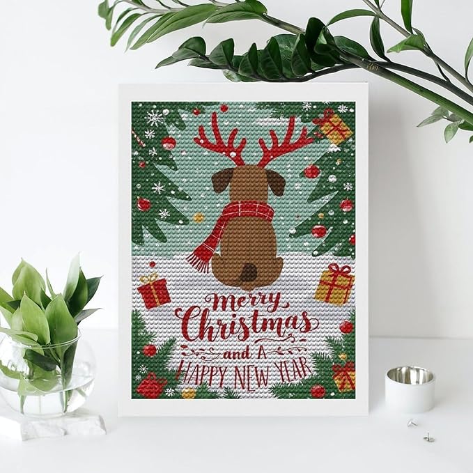 Diamond Painting Kits for Adults - Merry Christmas And Happy New Year Red Antlers & Scarf Painting DIY 5D Full Drill Diamond Dots Paintings with Diamonds Gem Art And Crafts Home Decor 12"x16"