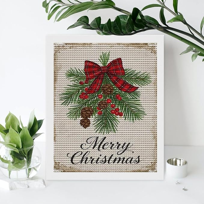 AIVKIEJK Diamond Painting Kits for Adults - Merry Christmas Holly, Pine Cones & Red Plaid Bow Painting DIY 5D Full Drill Diamond Dots Paintings with Diamonds Gem Art and Crafts Home Decor 16"x20"