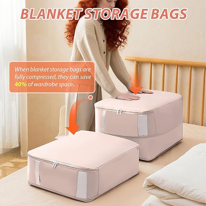 Veki Comforter Storage Bag, Space Saving Self Compression Foldable Blanket Storage Bags, Closet Organizer With Handle and VisualiZation Window, Large Capacity 130L for Bedding, Clothes (Pink, L)