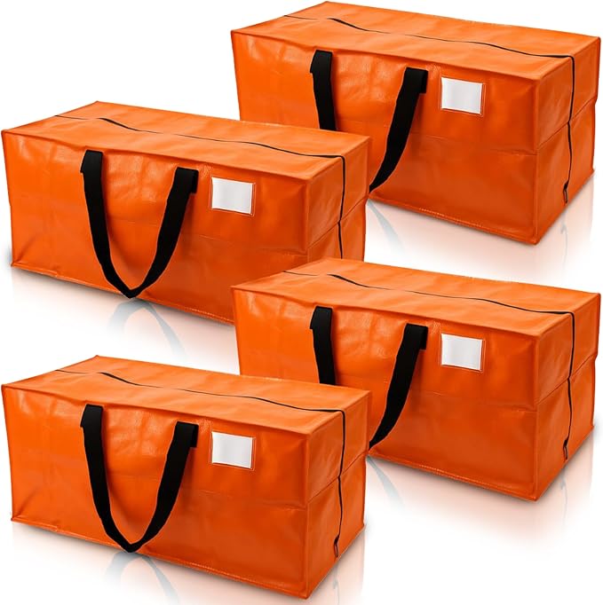 DURASACK Heavy Duty Moving Bag Storage Container Duffle Bag with Zipper, Reinforced Carry Straps and Backpack Straps, Made of Rugged Woven Polypropylene, Pack of 4, Orange