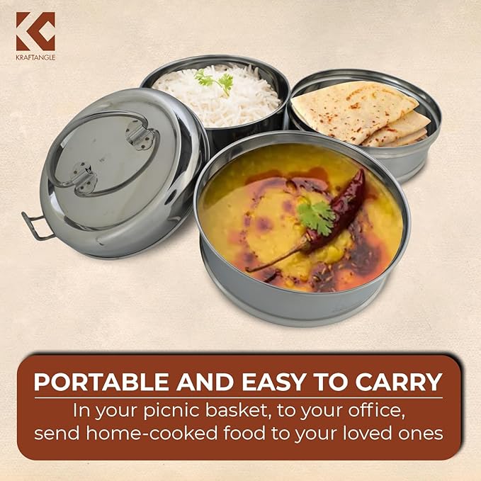 Indian-Tiffin Stainless Steel 3 Tier Large Lunch Box Snack Box/Food Container Airtight Leak Proof 3 Compartment Suitable for Office Use, Outdoor Lunches/Dining