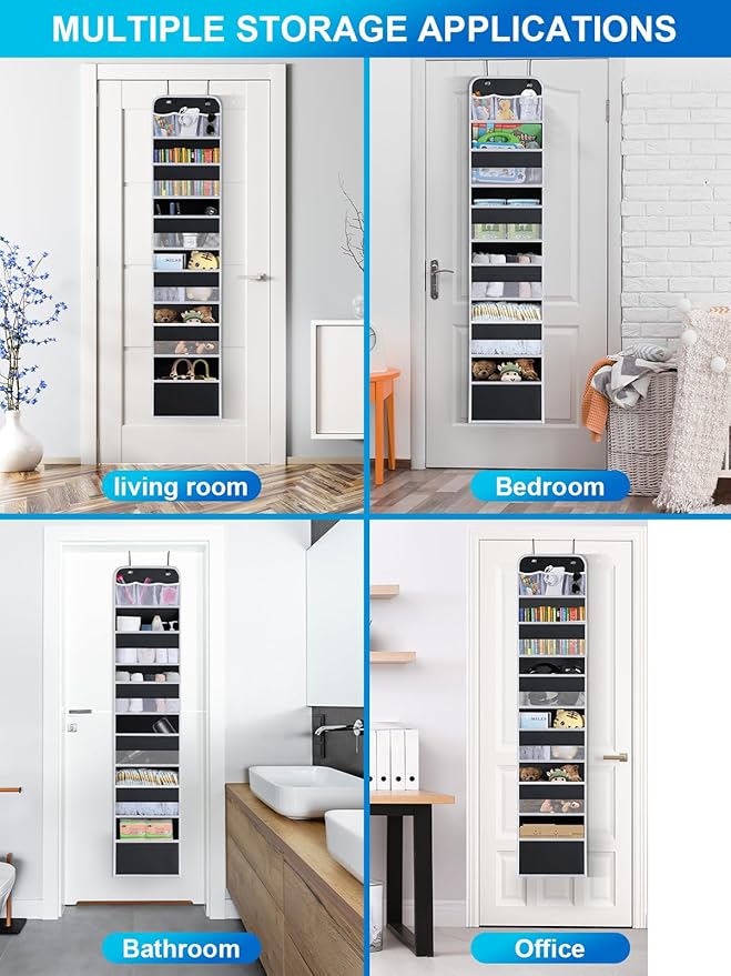 Over the Door Organizer Storage - 5 Tier Hanging Storage shelves Door Organizer with Pockets, Anti Tilt 44 lb Load Behind Door Organizer for Bedroom,Nursery,Bathroom,Kitchen,Dorm,Shoe - 1 Pack, Black