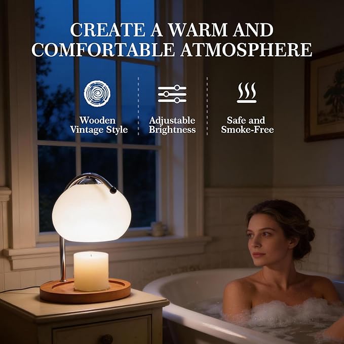 Topyond Aroma Wax Melting Lamp Retro Wood Storage Tray Glass Candle Warmer Desk Lamp, Bedroom Bedside Ambient Table Lamp Home Decor US Plug for Valentine's Day (Beige)