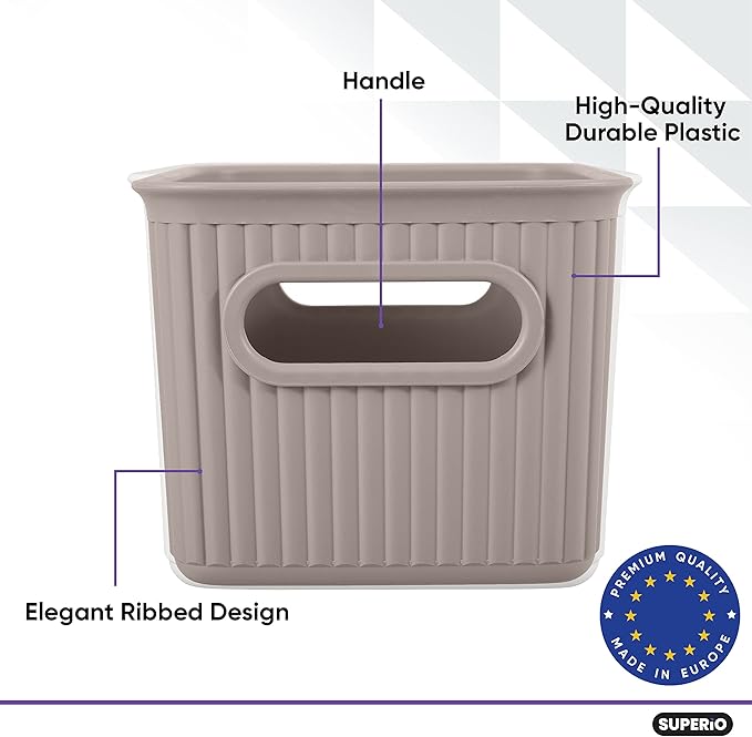 Superio Decorative Plastic Basket Open Home Storage Bins Organizer Baskets, Small, Taupe (8 Pack) Container Boxes for Organizing Closet Storage Bins for Shelves Drawer Shelf, 1.5 Liter