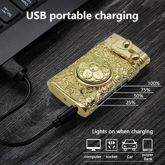 Electric Lighter USB Rechargeable Lighter, Windproof Plasma Dual Arc Lighters, Personalized Lighters, Flameless Cool Lighteres with LED Battery Indication for Candles, Outdoor Camping (Golden)