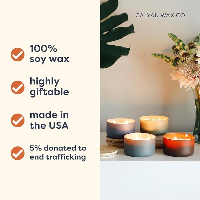 Calyan Wax Co. Mahogany & Cashmere 3 Wick Scented Candle - 30 Hour Burn - Luxury 3 Wick Soy Candles - Non Toxic Soy Wax Candles - Long Lasting Large Glass Jar Candle for Home - 8oz