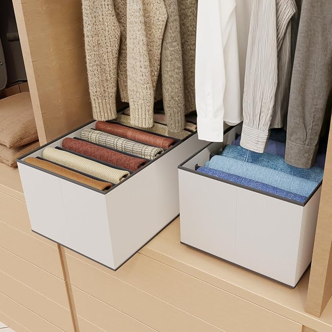 EASEVE 4 Pack Wardrobe Closet Organizer and Storage for Clothes - 7 Grids Foldable Drawer Dividers Organizers for Jeans | Pants | Shirts | Leggings, Stackable Clothing Bins for Closets Organization
