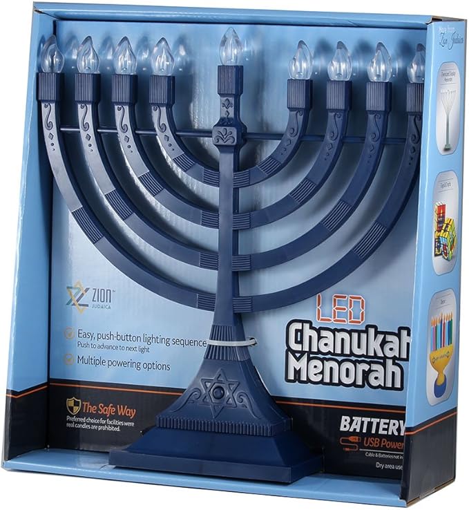 Zion Judaica Blue Electronic Hanukkah Menorah Powered by Batteries or USB 4' Cable Included Flameless Chanukkah Candles Holder LED Electric Minorah Bulbs Chanukah Deco Chanukkiah