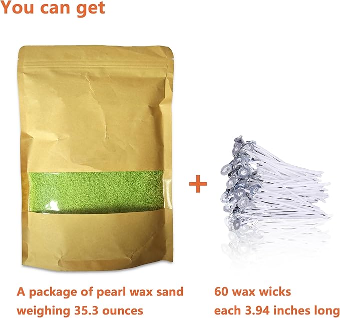 DRMAISON Pearled Candle Wax Sand DIY Kit - 35.3 oz, Grass Green, Non-Toxic&Smoke-Free, Refillable with 60 Wicks, Long-Lasting Flame, Highly Customizable for Wedding, Party&Holiday Decor