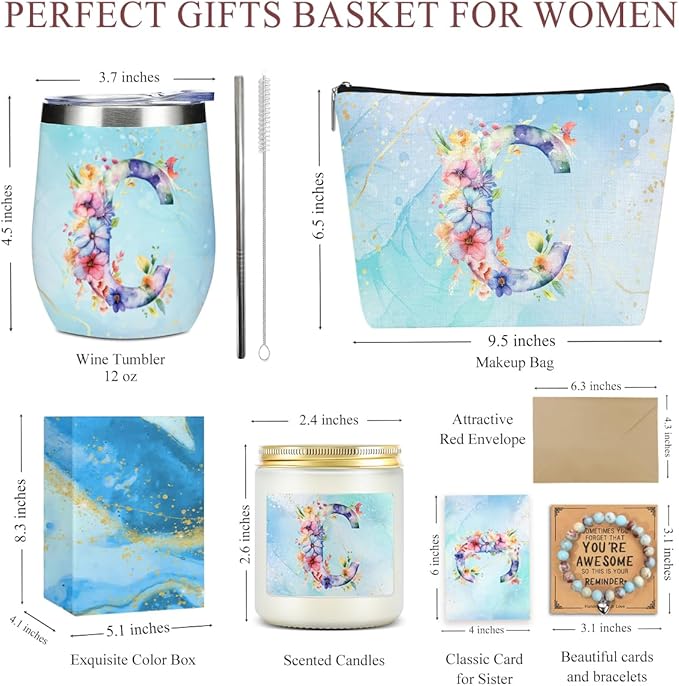 Personalized Gifts Monogrammed Birthday Gifts for Women, Cowerker Bride Wife Sister Wedding Christmas Initial Wine Tumbler Makeup Bag Scented Candle Bracelet Set, (Aesthetic Blue Flower C)