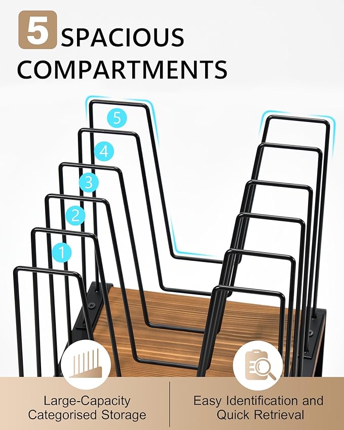 HULISEN 2 Pack Inclined Desk File Organizer, 5-Section Vertical File Folder Holder Stand, Metal File Sorter Rack with Wooden Base for Office Classroom Home Desktop Organization