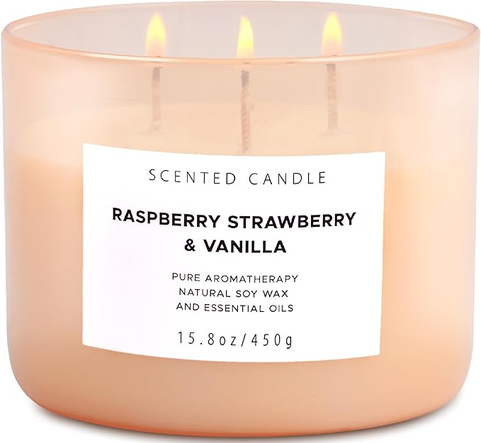 Raspberry Strawberry Vanilla 3-Wick Scented Soy Candle 15.8 oz | Large Sweet Berry Vanilla Scented Candle for Home | Relaxing Aromatherapy Candle | Strong Throw & Long Lasting