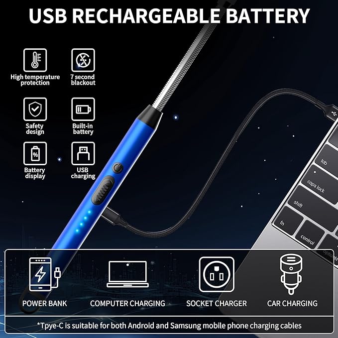 2-Pack Rechargeable Electric Candle Lighters, Flameless Windproof Long Lighter with 360° Flexible Neck and LED Display for Candles, Camping, BBQ & Fireplace (Blue)