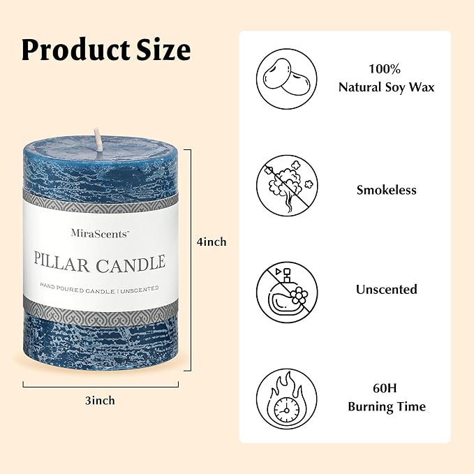 3x4 Inch Dark Blue Pillar Candles Set of 3 - Hand-Poured Unscented Candles, Long Clean Burning, Navy Blue Candle, Smokeless Dripless Candle for Dinner Table, Wedding, Home, Rustic Decor