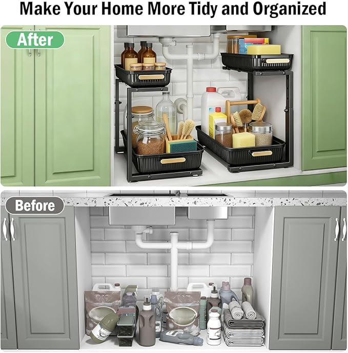 Under Sink Organizer - 2 Packs Multi-Purpose Pull-Out Storage Organizers, Slide out Pull out Cabinet Organizer Shelf, Storage for Kitchen Bathroom, Black