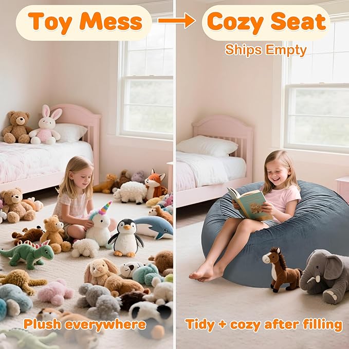 Lukeight Stuffed Animals Storage Bean Bag Chair Cover Only (Ships Empty, No Filling) - Velvet YKK Zipper Beanbag Cover for Kids and Big kids, Washable Plush Toy Organizer, X-Large 30" D x 18" H
