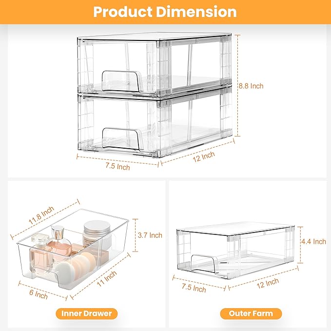 4 Pack Stackable Storage Drawers, Bathroom & Undersink Organizer with Removable Dividers - Acrylic Drawer Organizers with Handles for Fridge, Kitchen Cabinet, Pantry Storage