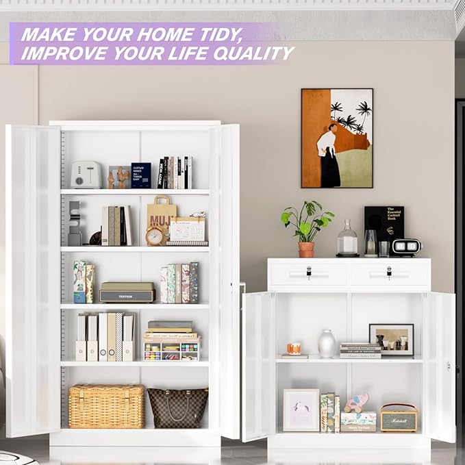 Superday Lockable Storage Cabinet with 2 Drawers, 36" Metal Storage Cabinets with Locking Doors and Adjustable Shelves, White Metal Locking Cabinet for Home Office Garage School