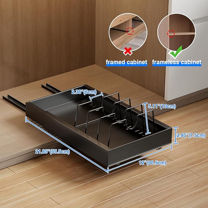 2 Pack Pull Out Cabinet Organizer with 8 Dividers,21.8" Deep Slide Out Drawers for Cabinets Adhesive Pull Out Drawers Heavy Duty Pull Out Shelves for Kitchen, Cupboard, Pantry, Bathroom-Black