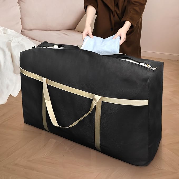 4 Pieces Extra Large Moving Bag, 150L Heavy Duty Storage Bag with Strong Zipper Handles, Black Jumbo Comforter Storage Organizer for Clothing, Pillow, Quilt, Blanket, Space Saving
