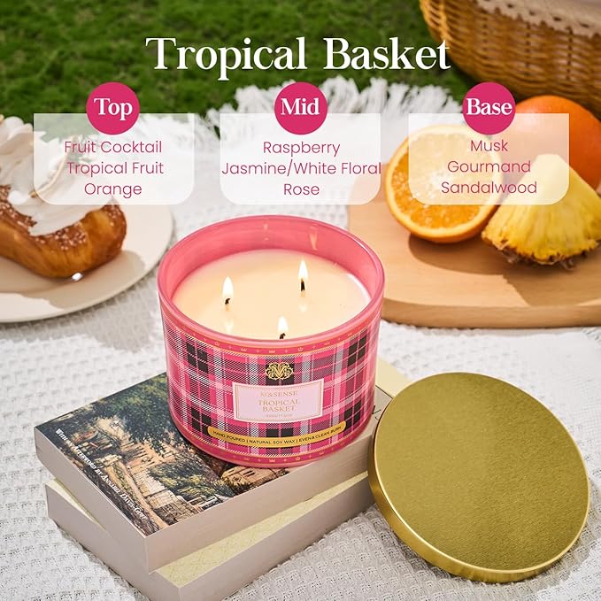 M&SENSE Plaid Pattern 3 Wick Soy Candles,11.64 oz Large Tropical Basket Scent Candle for Relaxation, Gifting, Home Décor | for Bedroom, Office, Party