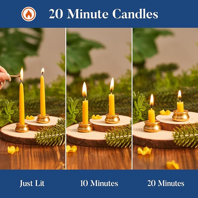 Crenovo 20 Minute Beeswax Meditation Candles, 60 Pack Mini Taper Candles with Brass Holder, Dripless, Smokeless, Gift-Ready Packaging for Meditation and Prayer