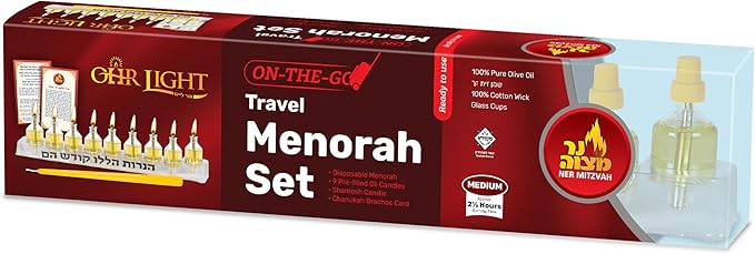 Ner Mitzvah On The Go Travel Menorah Set - 9 Pre-Filled Glass Cups Included - 100% Pure Olive Oil with 100% Cotton Wicks- Burns Approx. 2 1/2 Hrs