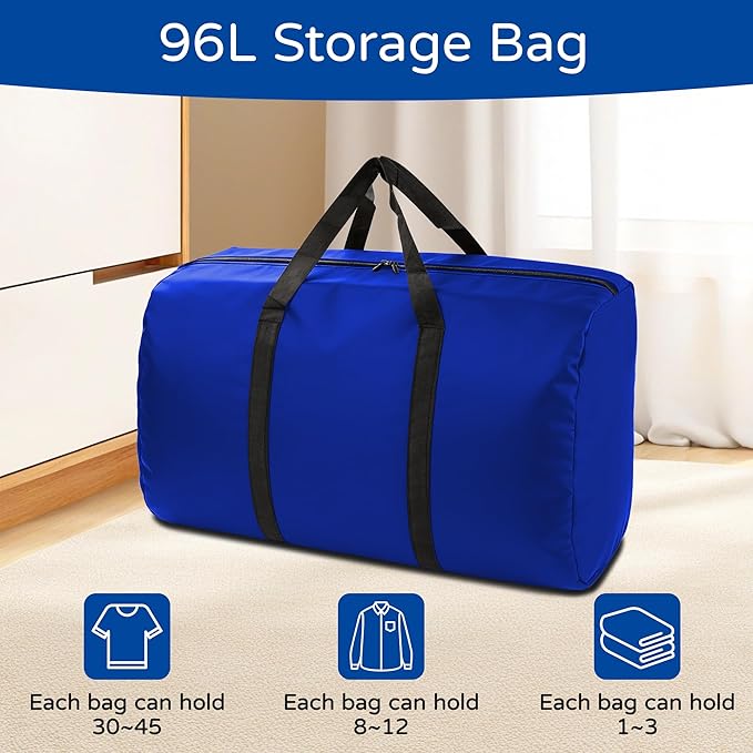 2 Pack 96L Extra Large Moving Bags with Zippers & Carrying Handles for Storage, Packing, Traveling, Camping, Langdry, Big Heavy Duty Moving Totes Bags for Clothes, Supplies and Space Saving Blue