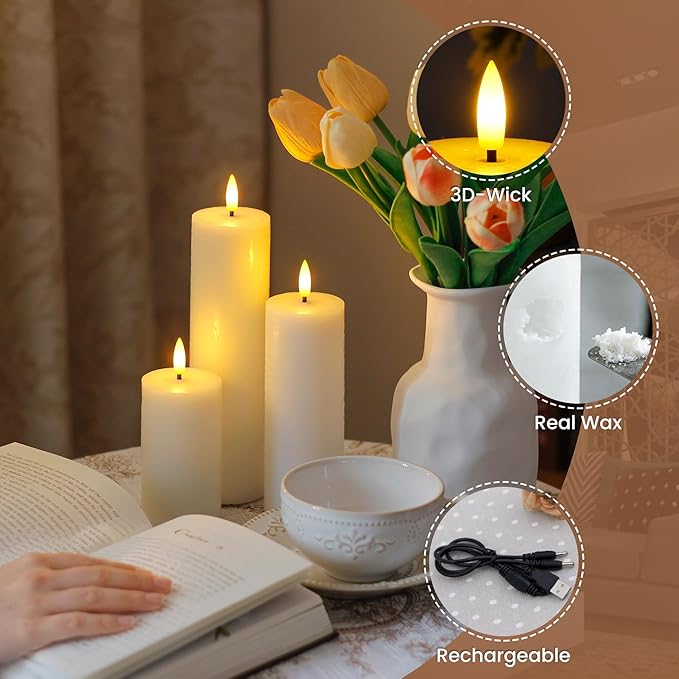 Rechargeable Flameless Flickering Tall Wax Remote 2.2" x4" 6" 8" 10" White Candles, Timer Set of 4 LED Battery Operated Fake Warm Light Pillar Candles(Included USB Charging Cable with 2 Ports)
