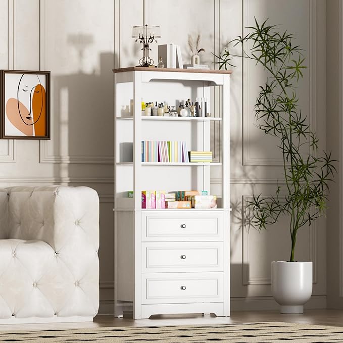 Bookcase 4-Tier Bookshelf with 3 Drawers, Pantry Storage Cabinets, 68'' Freestanding Tall Bathroom Cabinet, Sideboard Microwave Space Cupboard Organizer for Home Office, Retro White