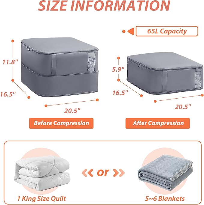 Veki Comforter Storage Bag, Space Saving Self Compression Foldable Blanket Storage Bags, Closet Organizer With Handle and VisualiZation Window, Large capacity 130L for Bedding, Clothes (Grey L)