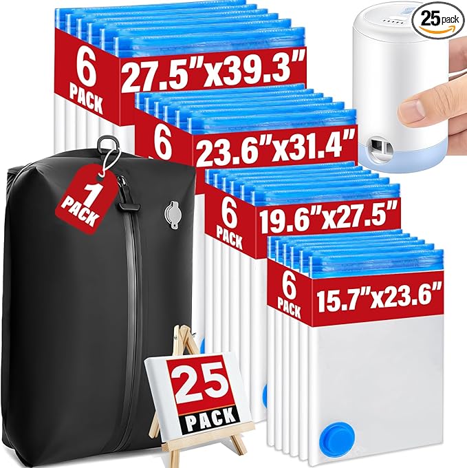 25 Pack Vacuum Storage Bags for Clothing Travel Vacuum Seal Bags With Wireless Pump IP67 Waterproof Reusable Vacuum Compression Bags for Clothing Luggage (1Travel Bag +6Small+6Middle+6Large+6Jumbo)