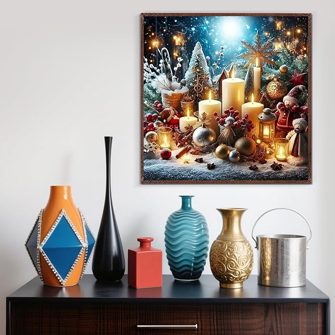 Christmas Candle Light Diamond Painting Kits for Adults, 5D Diamond Art Kits for Adults Beginners, DIY Full Round Drill Diamond Dot Painting Gem Art Kits for Adult, Home Wall Decor 13.8x13.8 Inch