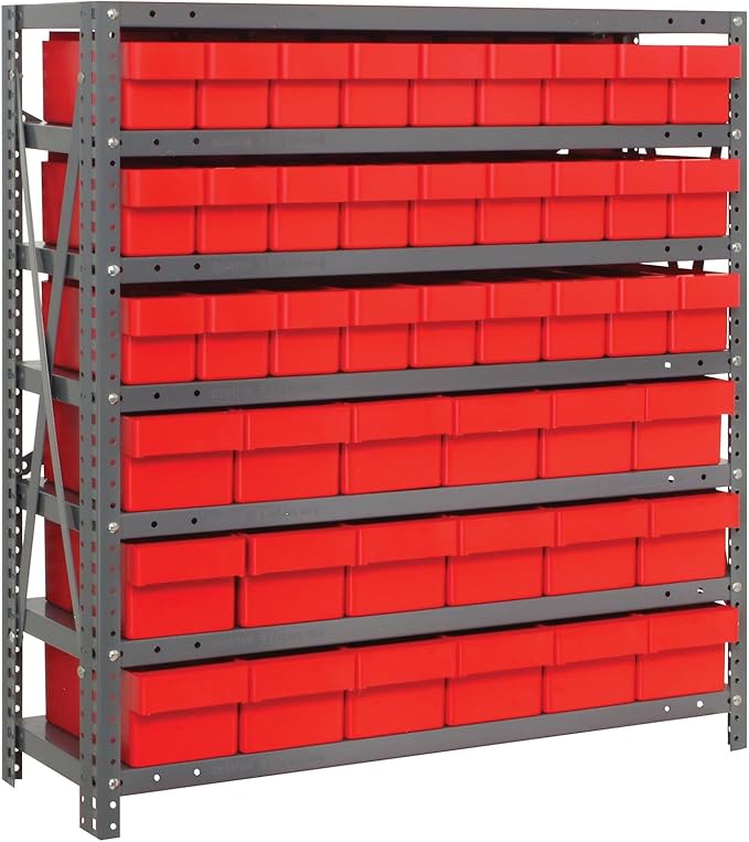 Quantum Storage Systems 1839-624RD Solid Heavy Duty 7 Shelves 45 Super Tuff Euro Red Bins 39" H x 36" W x 18" D